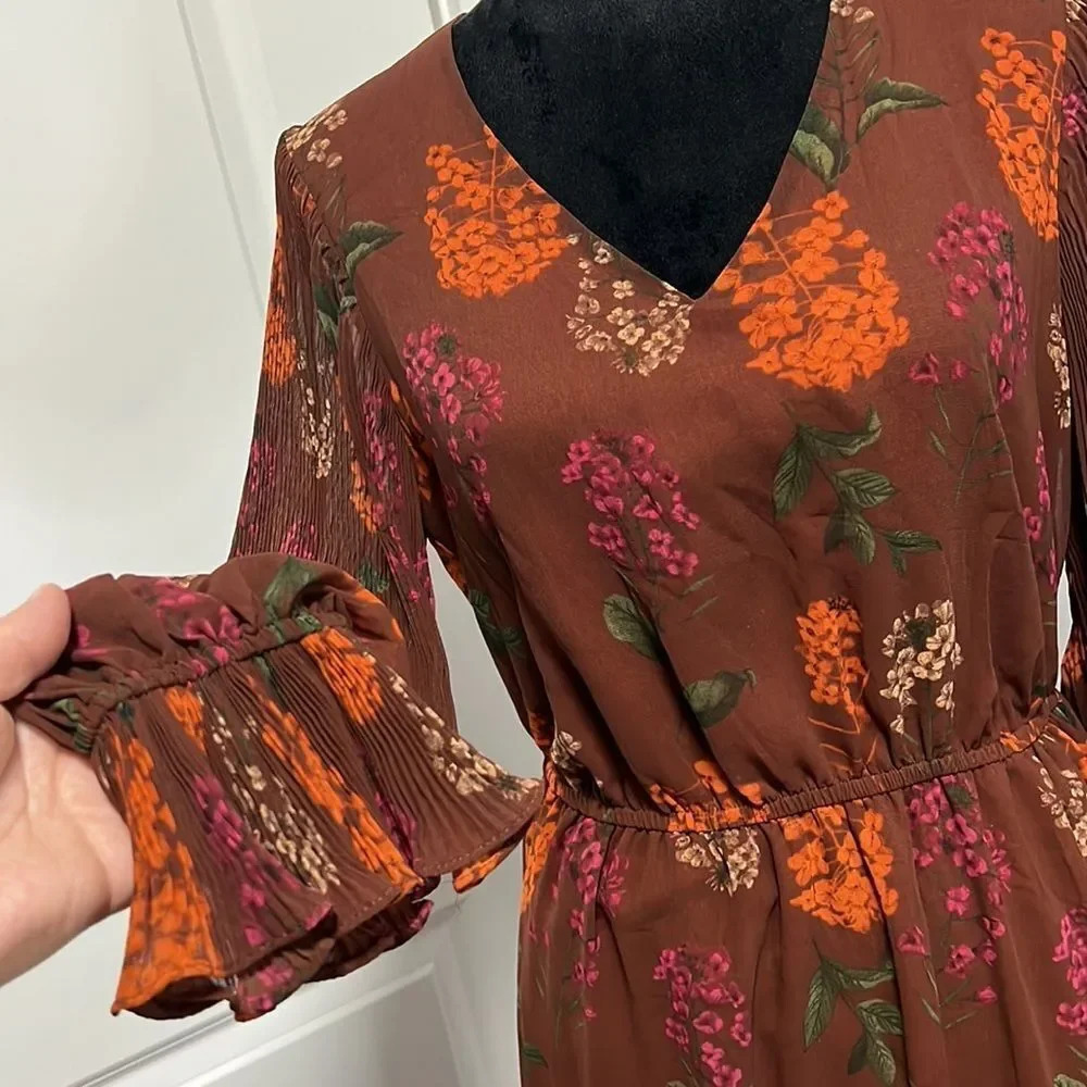 Gibson * Latimer Floral Brown Long Sleeve Midi Boho Dress size Small - Picture 5 of 9